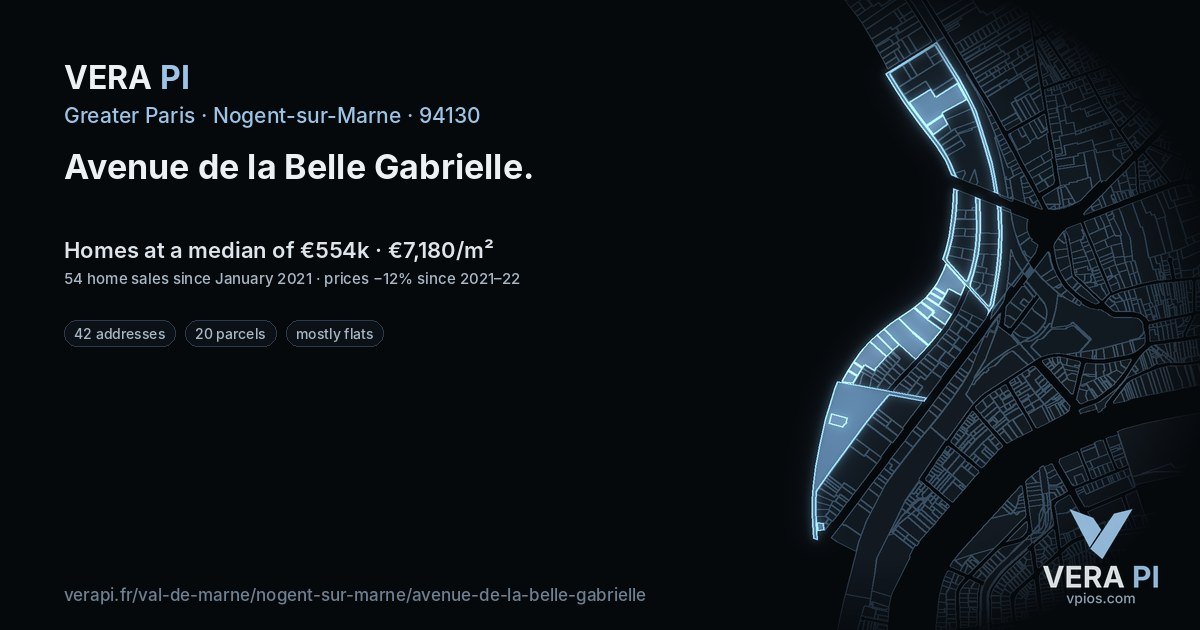 Avenue de la Belle Gabrielle, Nogent-sur-Marne at night – every parcel coloured by the prices around it, the street's own parcels lit