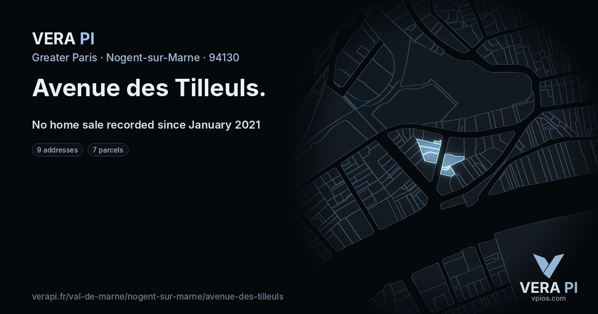 Avenue des Tilleuls, Nogent-sur-Marne at night – every parcel coloured by the prices around it, the street's own parcels lit