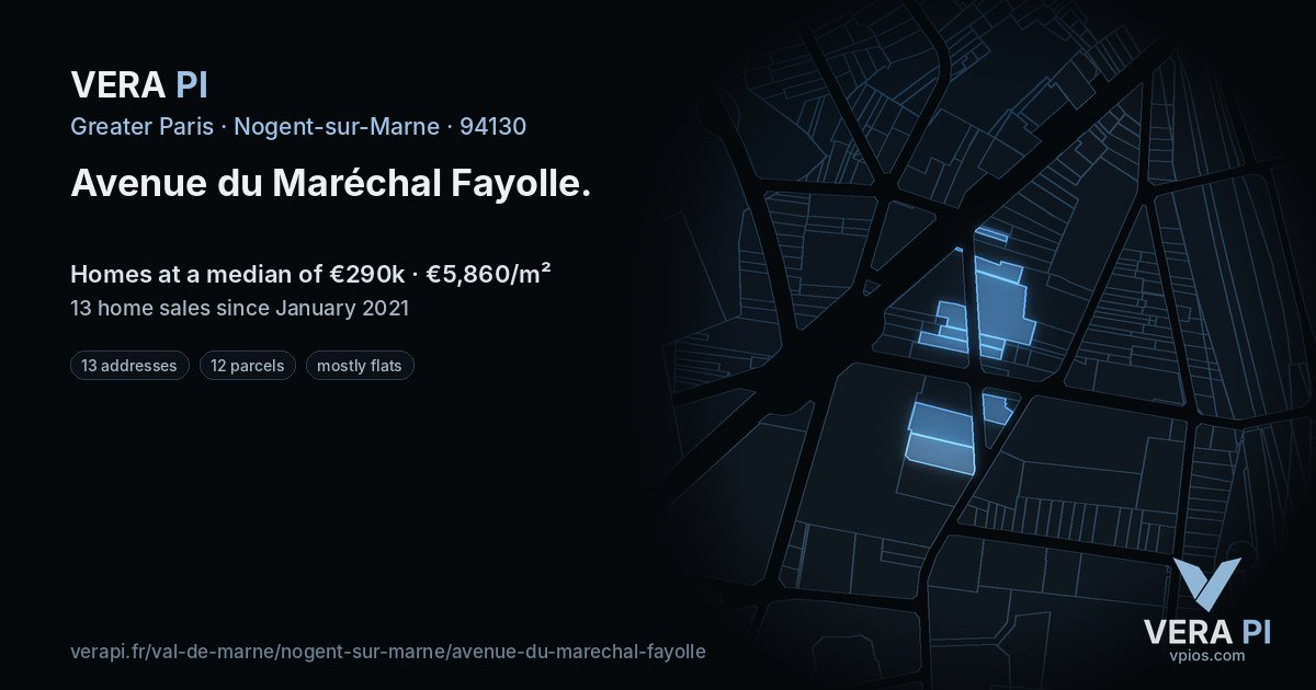 Avenue du Maréchal Fayolle, Nogent-sur-Marne at night – every parcel coloured by the prices around it, the street's own parcels lit