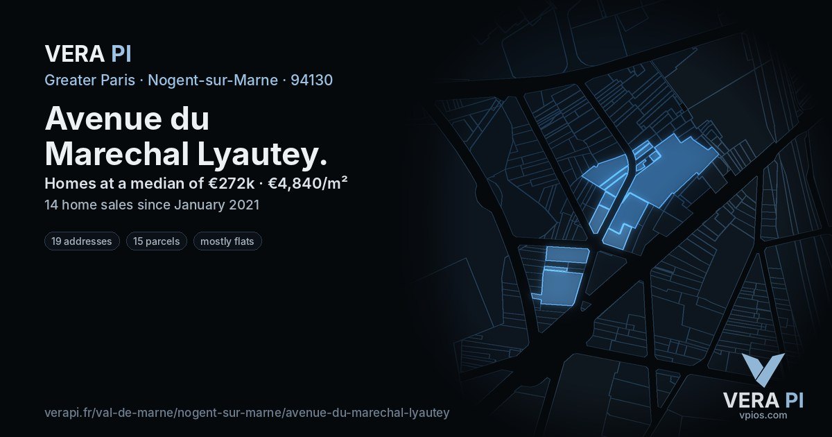Avenue du Marechal Lyautey, Nogent-sur-Marne at night – every parcel coloured by the prices around it, the street's own parcels lit