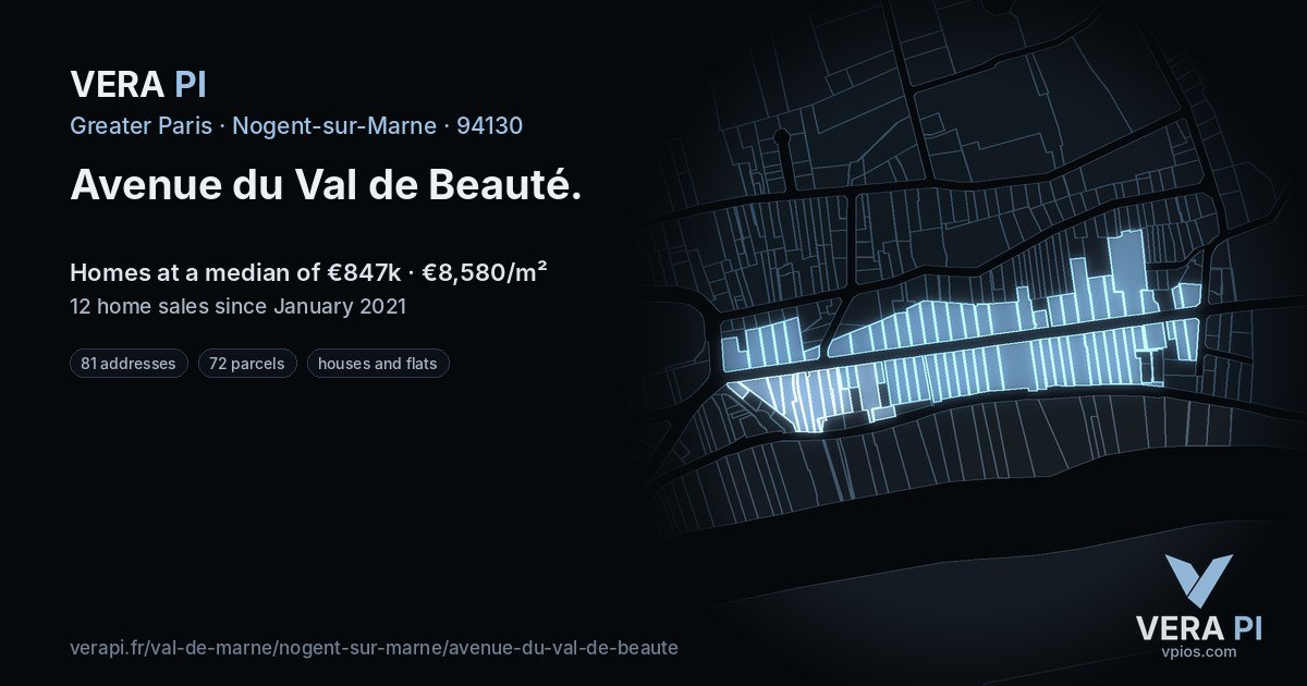 Avenue du Val de Beauté, Nogent-sur-Marne at night – every parcel coloured by the prices around it, the street's own parcels lit