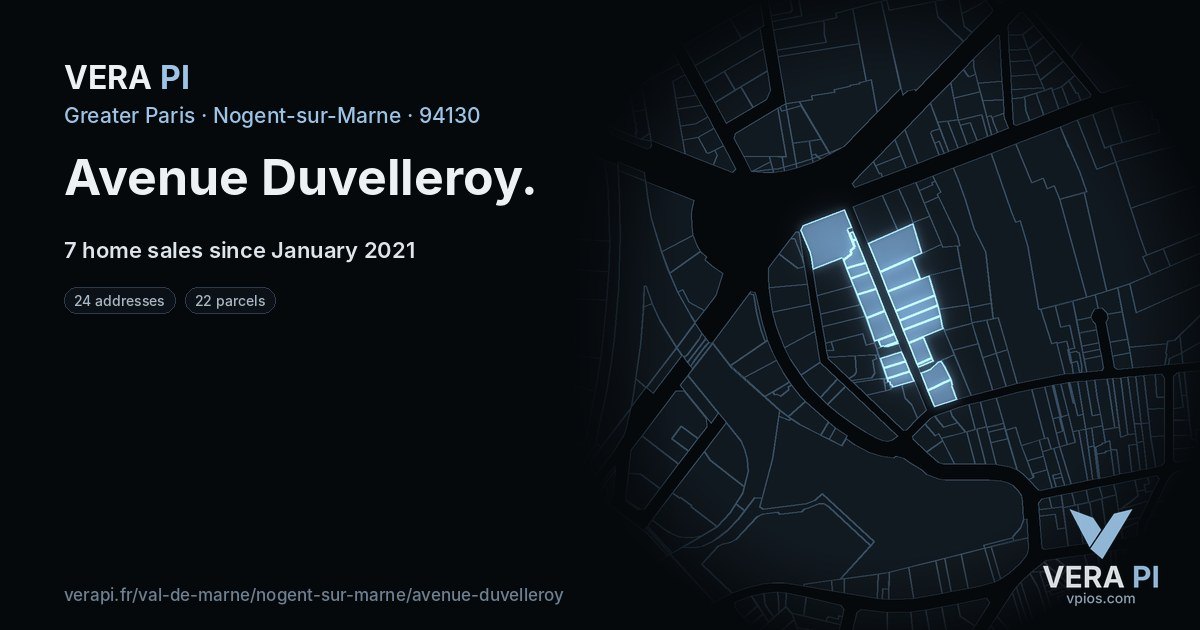 Avenue Duvelleroy, Nogent-sur-Marne at night – every parcel coloured by the prices around it, the street's own parcels lit