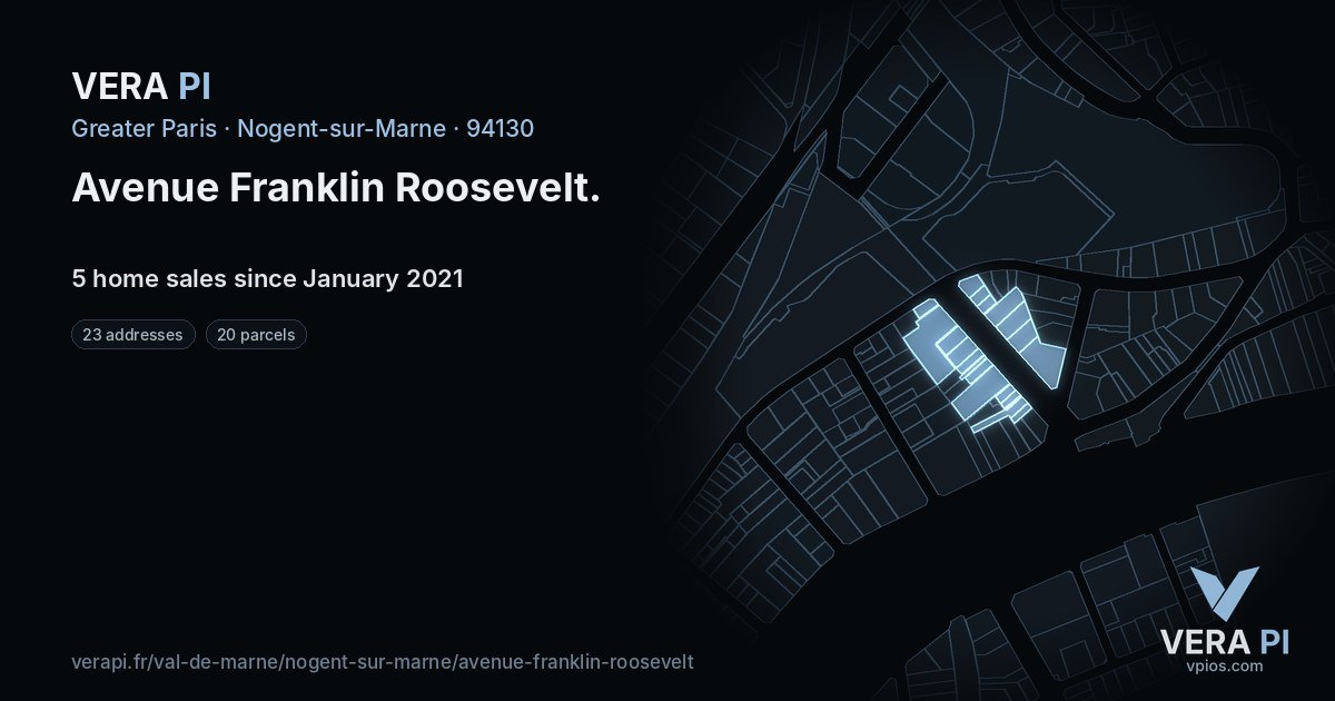 Avenue Franklin Roosevelt, Nogent-sur-Marne at night – every parcel coloured by the prices around it, the street's own parcels lit