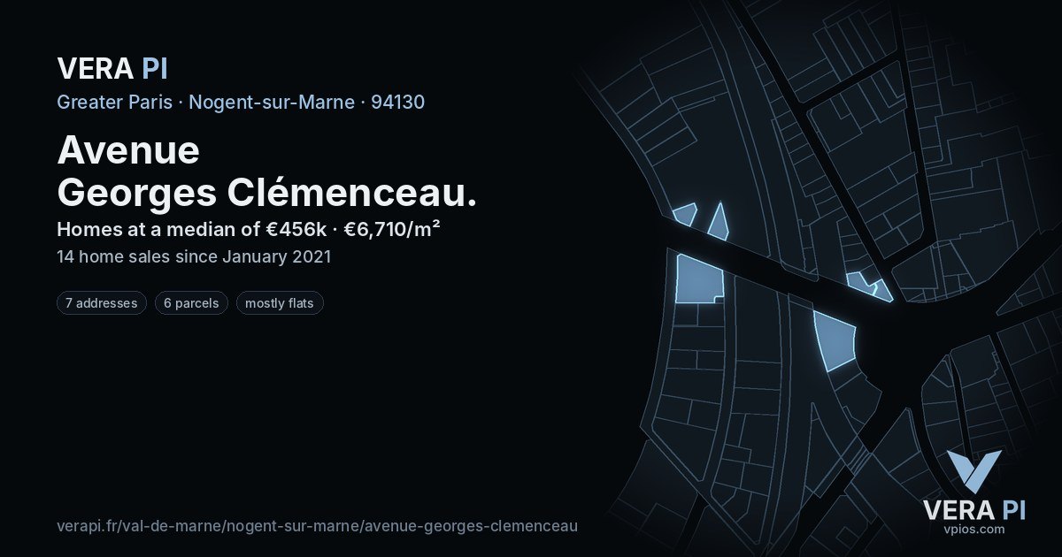 Avenue Georges Clémenceau, Nogent-sur-Marne at night – every parcel coloured by the prices around it, the street's own parcels lit