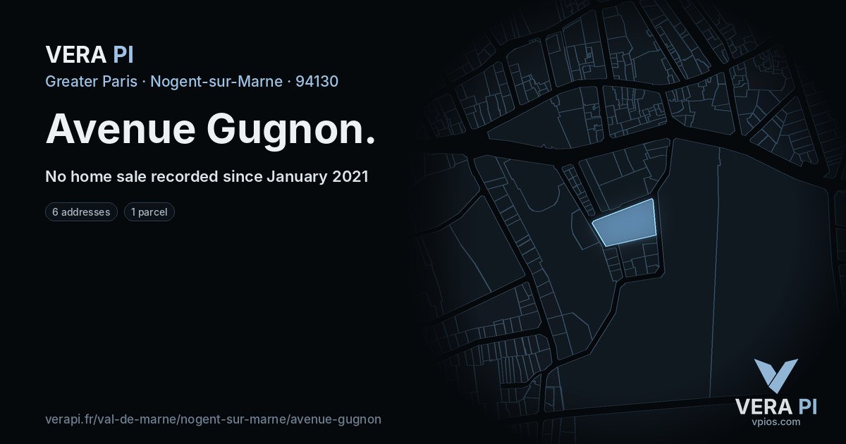 Avenue Gugnon, Nogent-sur-Marne at night – every parcel coloured by the prices around it, the street's own parcels lit