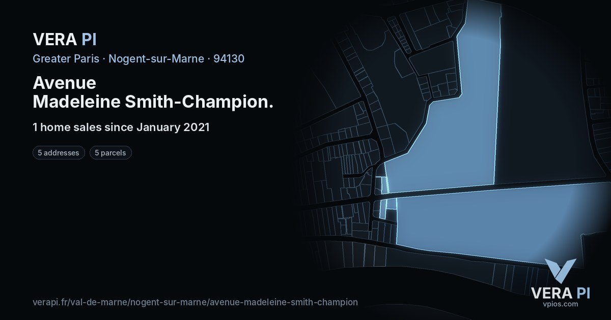 Avenue Madeleine Smith-Champion, Nogent-sur-Marne at night – every parcel coloured by the prices around it, the street's own parcels lit