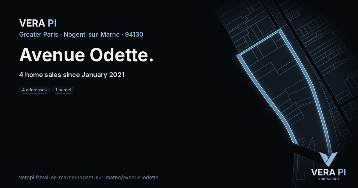 Avenue Odette, Nogent-sur-Marne at night – every parcel coloured by the prices around it, the street's own parcels lit