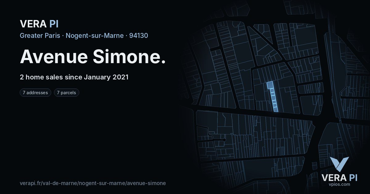 Avenue Simone, Nogent-sur-Marne at night – every parcel coloured by the prices around it, the street's own parcels lit