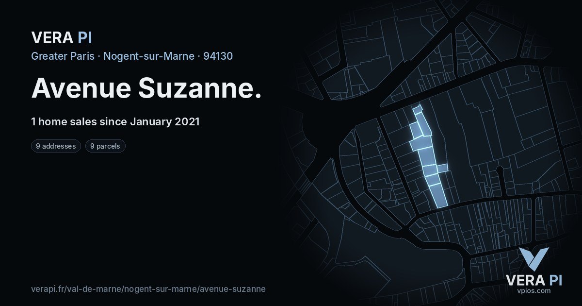 Avenue Suzanne, Nogent-sur-Marne at night – every parcel coloured by the prices around it, the street's own parcels lit