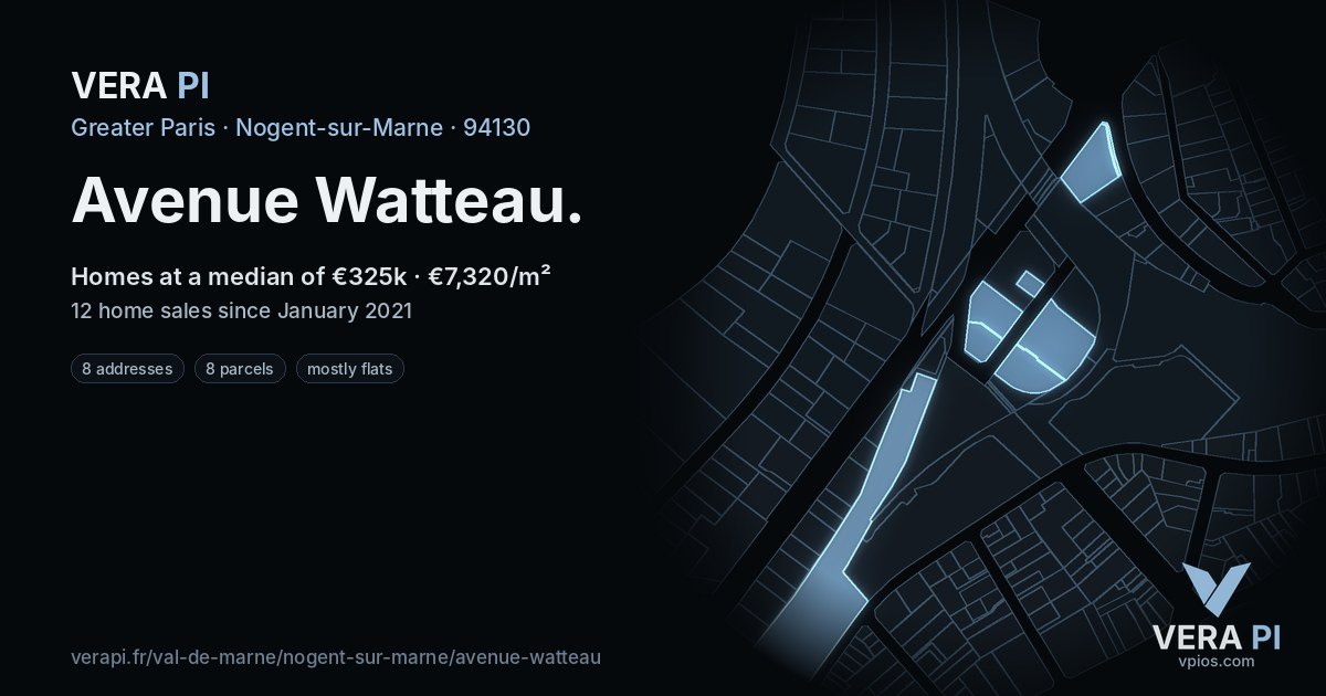 Avenue Watteau, Nogent-sur-Marne at night – every parcel coloured by the prices around it, the street's own parcels lit