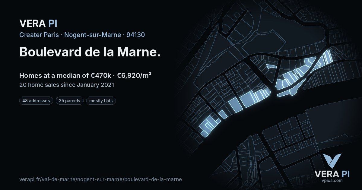 Boulevard de la Marne, Nogent-sur-Marne at night – every parcel coloured by the prices around it, the street's own parcels lit