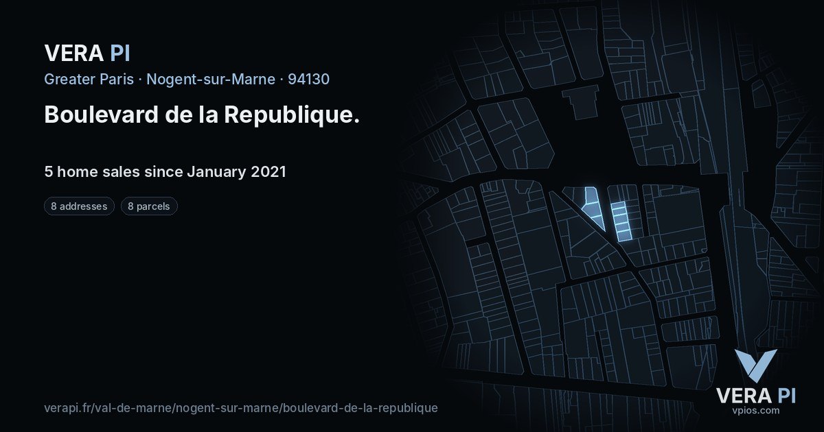 Boulevard de la Republique, Nogent-sur-Marne at night – every parcel coloured by the prices around it, the street's own parcels lit