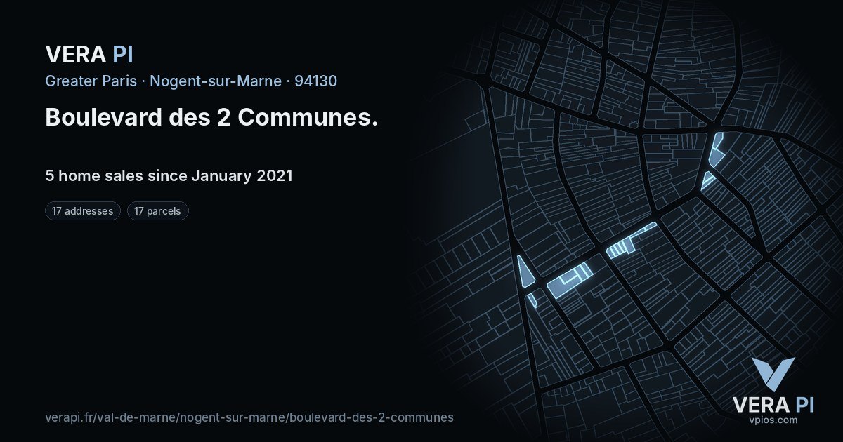 Boulevard des 2 Communes, Nogent-sur-Marne at night – every parcel coloured by the prices around it, the street's own parcels lit