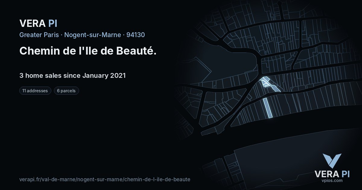 Chemin de l'Ile de Beauté, Nogent-sur-Marne at night – every parcel coloured by the prices around it, the street's own parcels lit