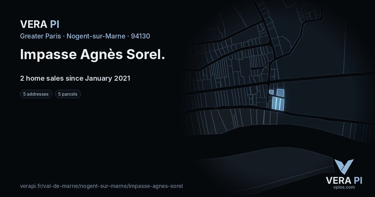 Impasse Agnès Sorel, Nogent-sur-Marne at night – every parcel coloured by the prices around it, the street's own parcels lit