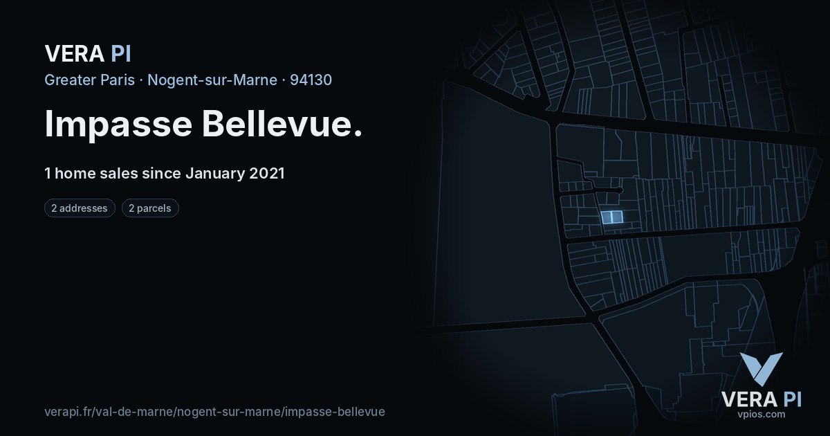 Impasse Bellevue, Nogent-sur-Marne at night – every parcel coloured by the prices around it, the street's own parcels lit