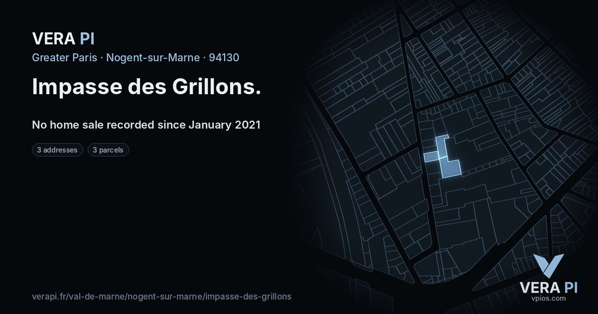 Impasse des Grillons, Nogent-sur-Marne at night – every parcel coloured by the prices around it, the street's own parcels lit