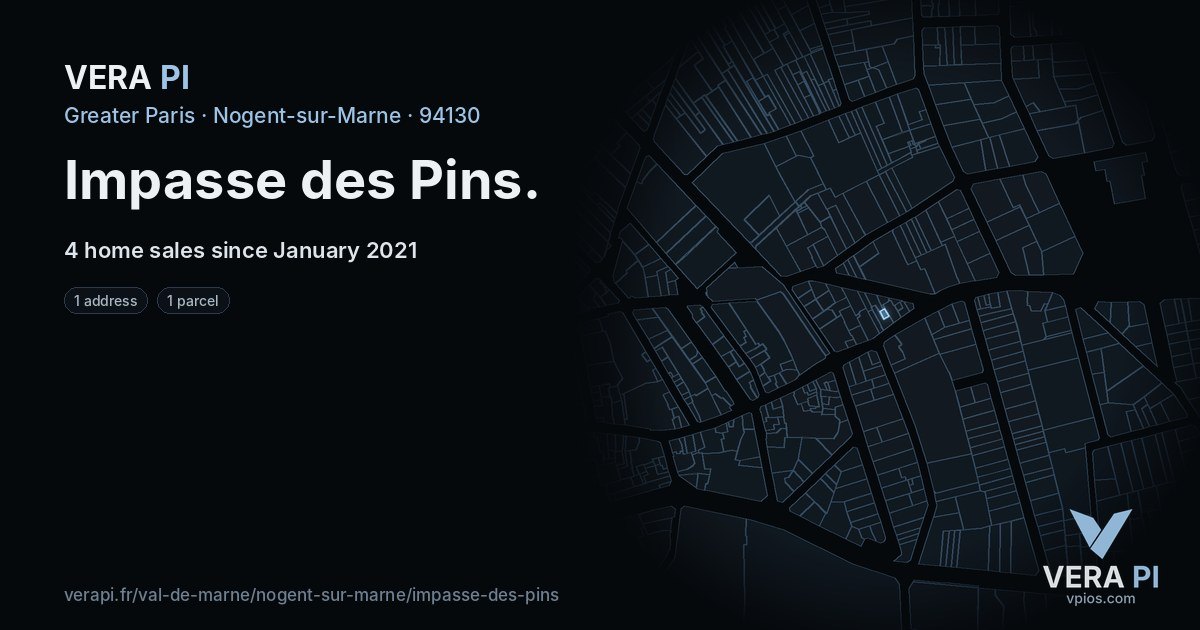Impasse des Pins, Nogent-sur-Marne at night – every parcel coloured by the prices around it, the street's own parcels lit
