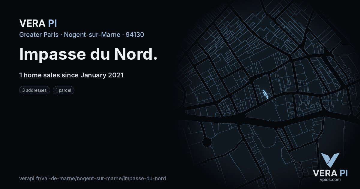 Impasse du Nord, Nogent-sur-Marne at night – every parcel coloured by the prices around it, the street's own parcels lit