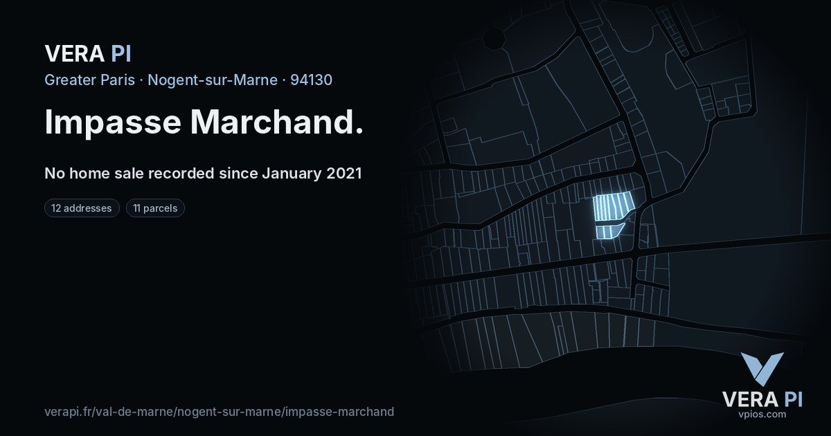 Impasse Marchand, Nogent-sur-Marne at night – every parcel coloured by the prices around it, the street's own parcels lit