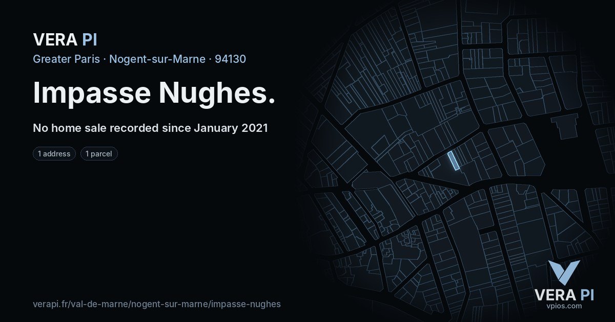 Impasse Nughes, Nogent-sur-Marne at night – every parcel coloured by the prices around it, the street's own parcels lit