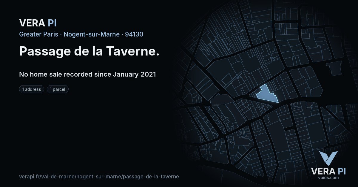 Passage de la Taverne, Nogent-sur-Marne at night – every parcel coloured by the prices around it, the street's own parcels lit