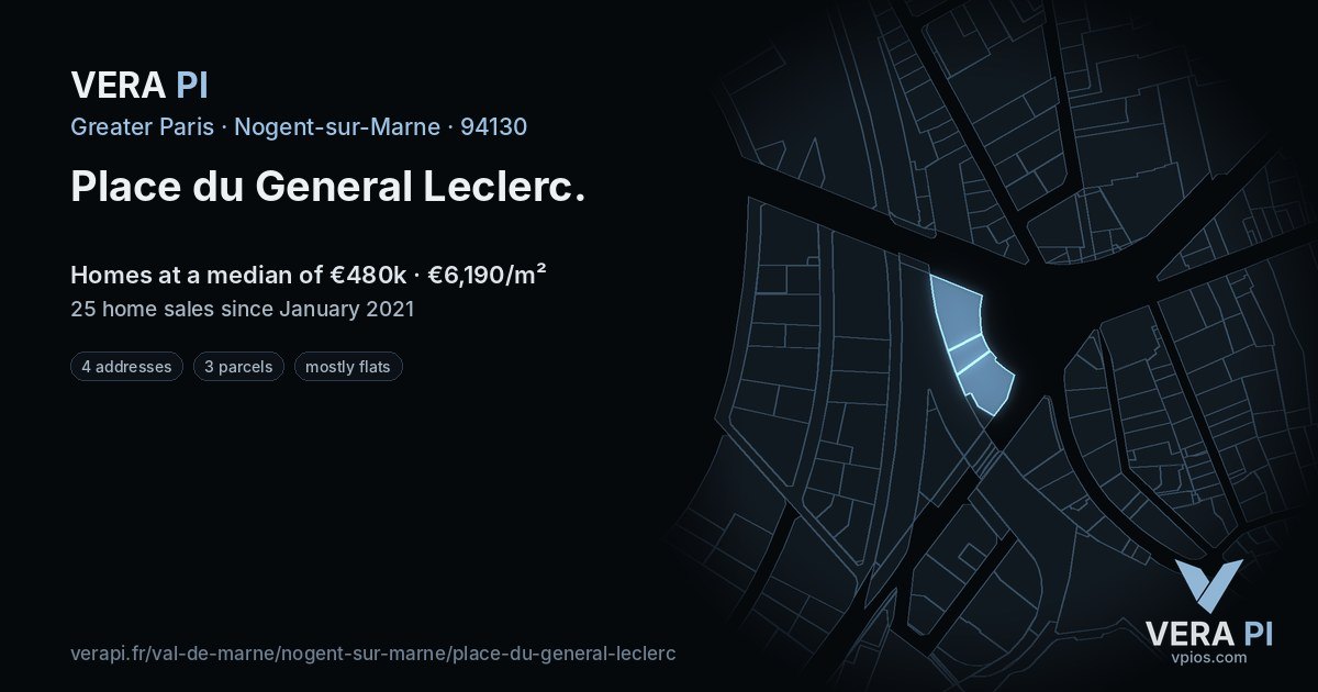 Place du General Leclerc, Nogent-sur-Marne at night – every parcel coloured by the prices around it, the street's own parcels lit