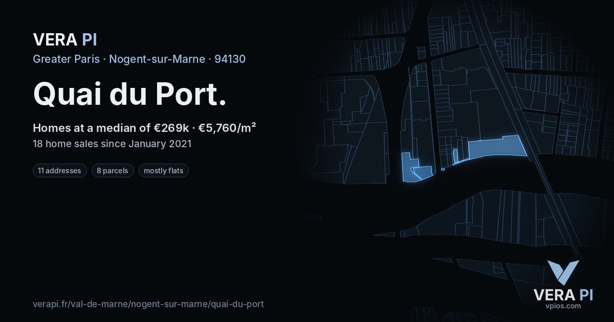 Quai du Port, Nogent-sur-Marne at night – every parcel coloured by the prices around it, the street's own parcels lit