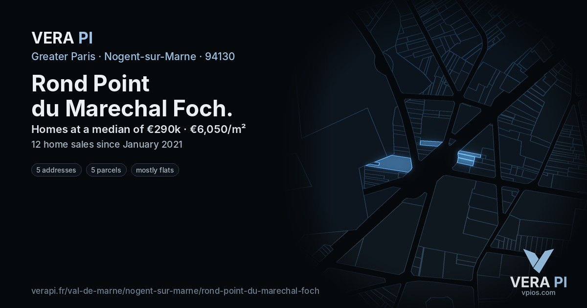 Rond Point du Marechal Foch, Nogent-sur-Marne at night – every parcel coloured by the prices around it, the street's own parcels lit