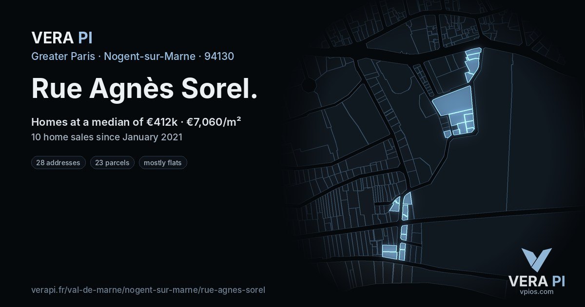 Rue Agnès Sorel, Nogent-sur-Marne at night – every parcel coloured by the prices around it, the street's own parcels lit