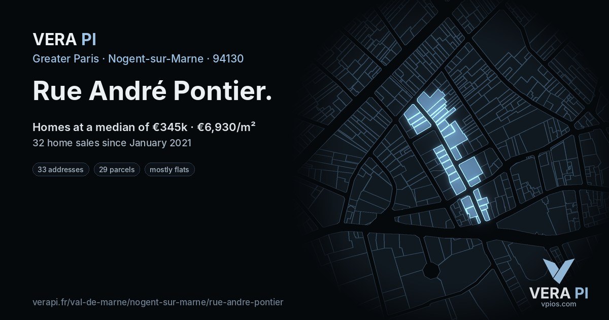 Rue André Pontier, Nogent-sur-Marne at night – every parcel coloured by the prices around it, the street's own parcels lit