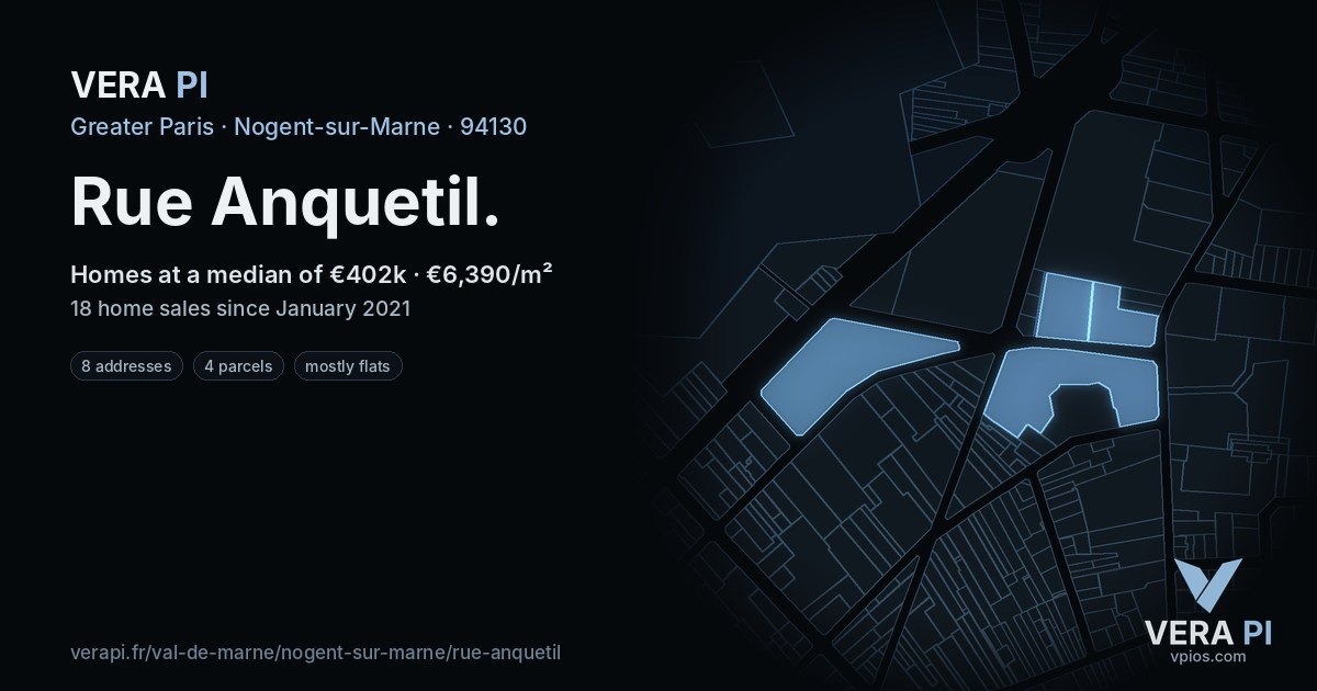 Rue Anquetil, Nogent-sur-Marne at night – every parcel coloured by the prices around it, the street's own parcels lit