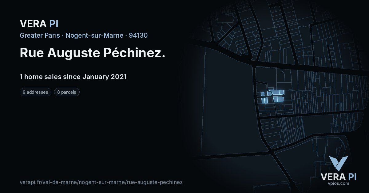 Rue Auguste Péchinez, Nogent-sur-Marne at night – every parcel coloured by the prices around it, the street's own parcels lit