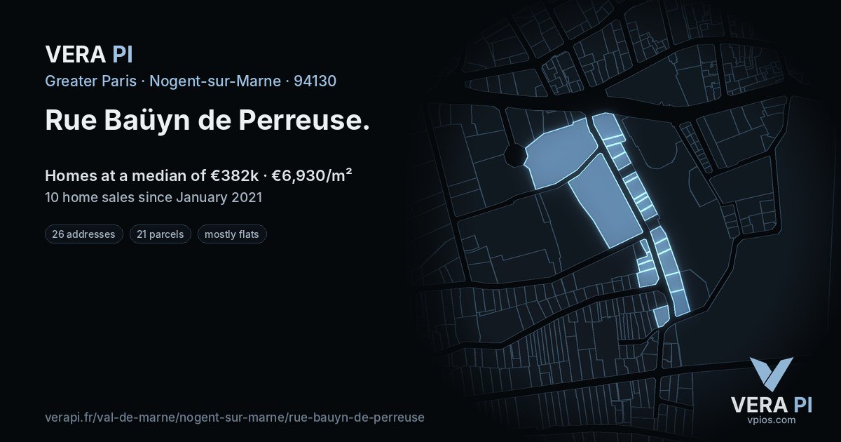 Rue Baüyn de Perreuse, Nogent-sur-Marne at night – every parcel coloured by the prices around it, the street's own parcels lit