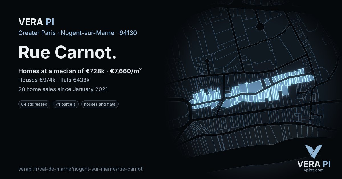 Rue Carnot, Nogent-sur-Marne at night – every parcel coloured by the prices around it, the street's own parcels lit