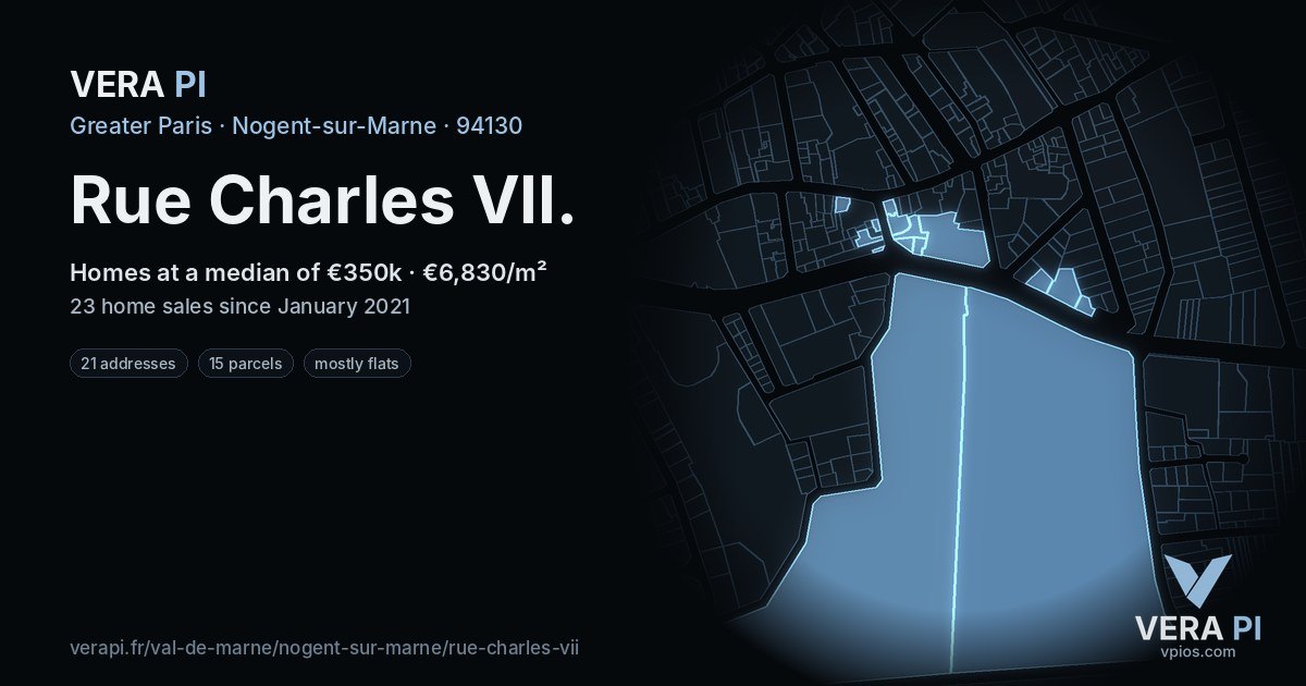 Rue Charles VII, Nogent-sur-Marne at night – every parcel coloured by the prices around it, the street's own parcels lit