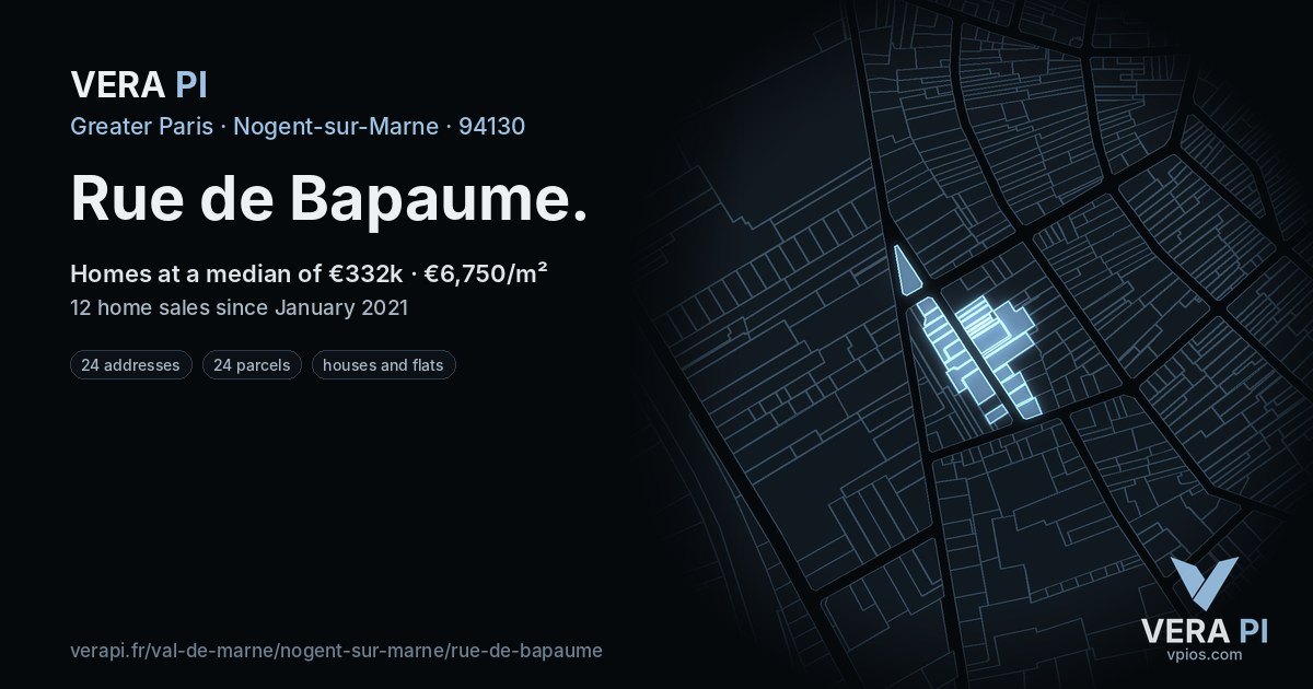 Rue de Bapaume, Nogent-sur-Marne at night – every parcel coloured by the prices around it, the street's own parcels lit