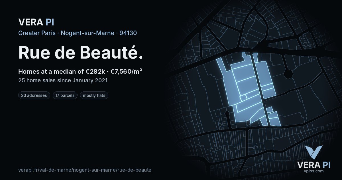Rue de Beauté, Nogent-sur-Marne at night – every parcel coloured by the prices around it, the street's own parcels lit