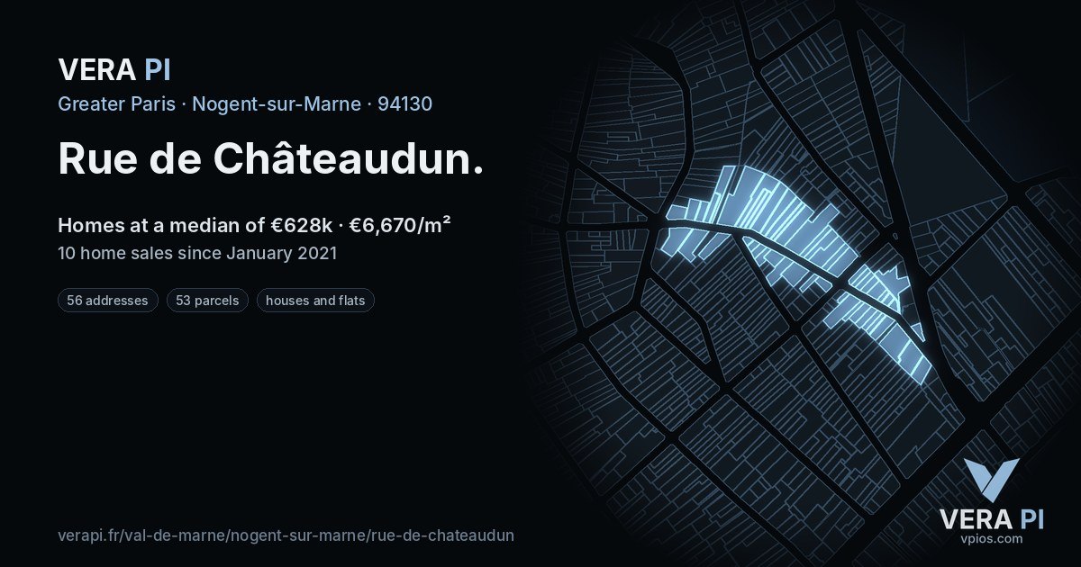 Rue de Châteaudun, Nogent-sur-Marne at night – every parcel coloured by the prices around it, the street's own parcels lit