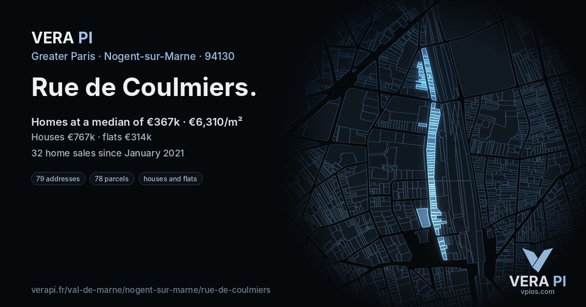 Rue de Coulmiers, Nogent-sur-Marne at night – every parcel coloured by the prices around it, the street's own parcels lit