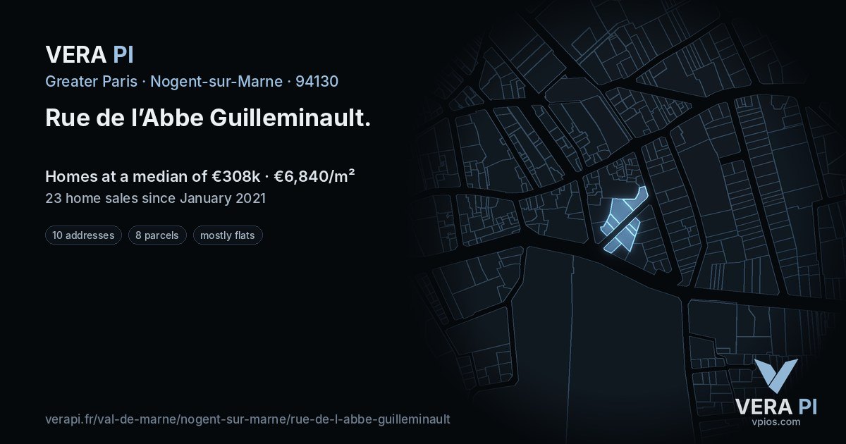 Rue de l’Abbe Guilleminault, Nogent-sur-Marne at night – every parcel coloured by the prices around it, the street's own parcels lit
