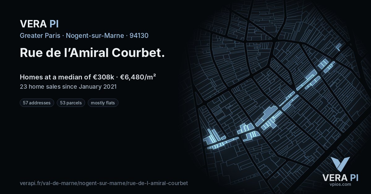 Rue de l’Amiral Courbet, Nogent-sur-Marne at night – every parcel coloured by the prices around it, the street's own parcels lit