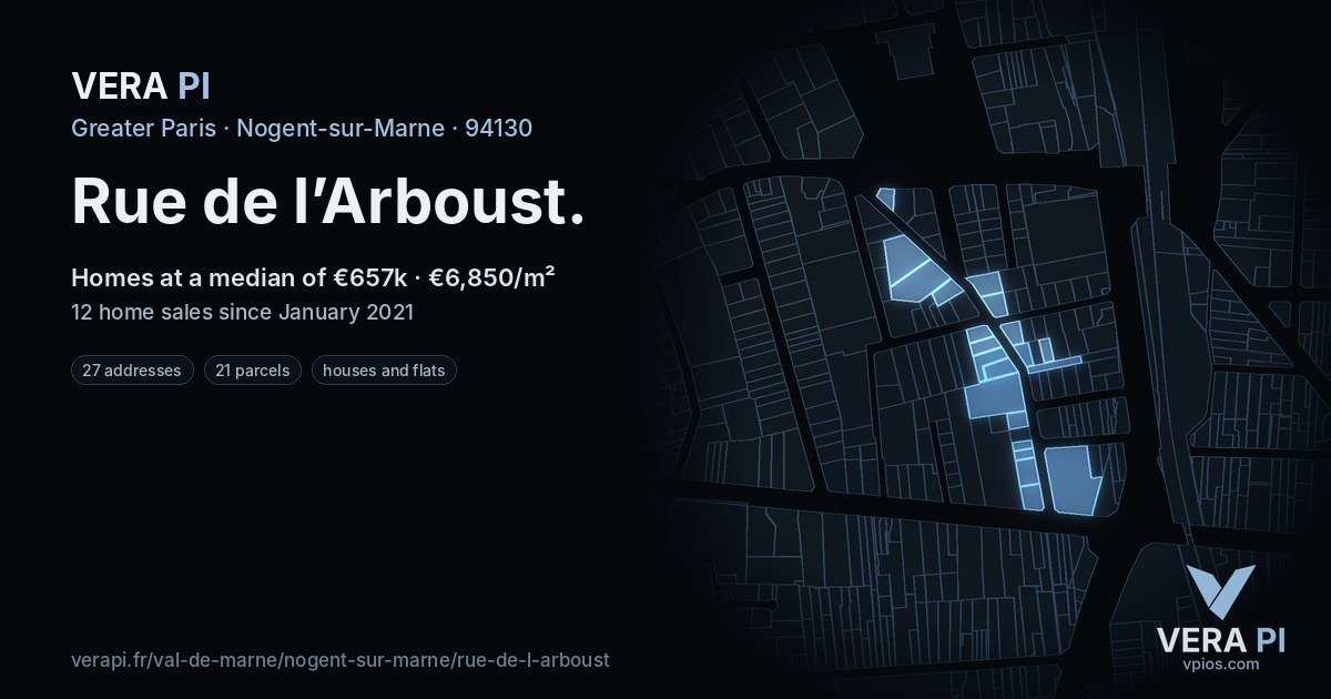 Rue de l’Arboust, Nogent-sur-Marne at night – every parcel coloured by the prices around it, the street's own parcels lit