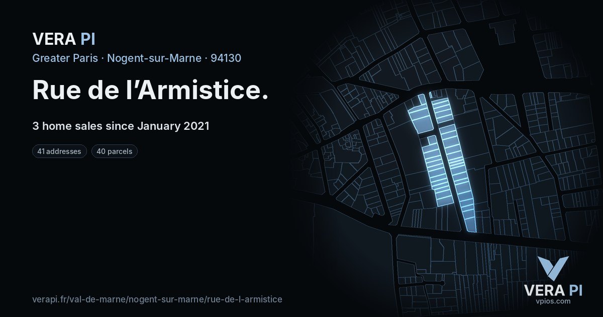 Rue de l’Armistice, Nogent-sur-Marne at night – every parcel coloured by the prices around it, the street's own parcels lit