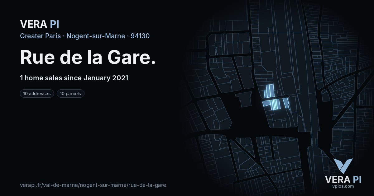 Rue de la Gare, Nogent-sur-Marne at night – every parcel coloured by the prices around it, the street's own parcels lit