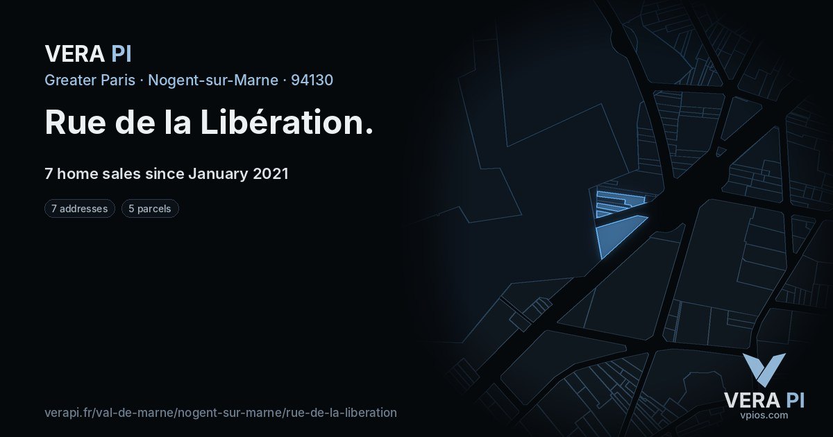 Rue de la Libération, Nogent-sur-Marne at night – every parcel coloured by the prices around it, the street's own parcels lit