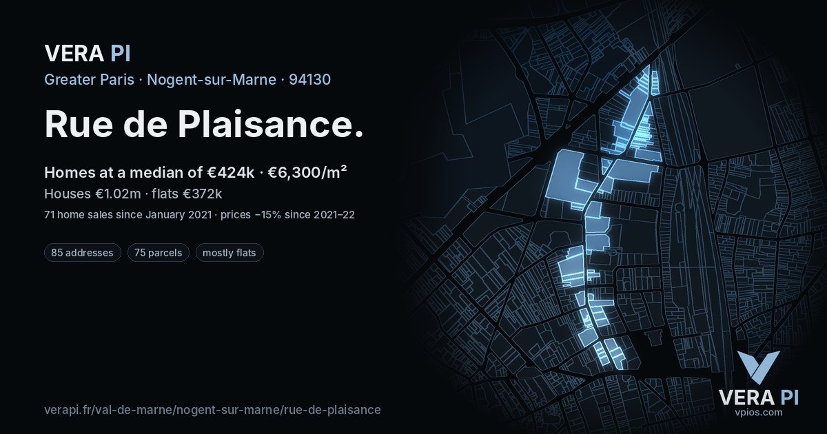 Rue de Plaisance, Nogent-sur-Marne at night – every parcel coloured by the prices around it, the street's own parcels lit