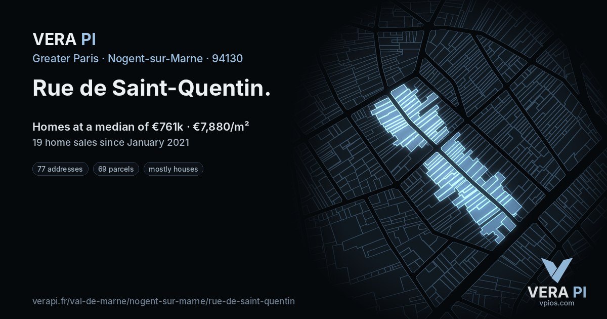 Rue de Saint-Quentin, Nogent-sur-Marne at night – every parcel coloured by the prices around it, the street's own parcels lit
