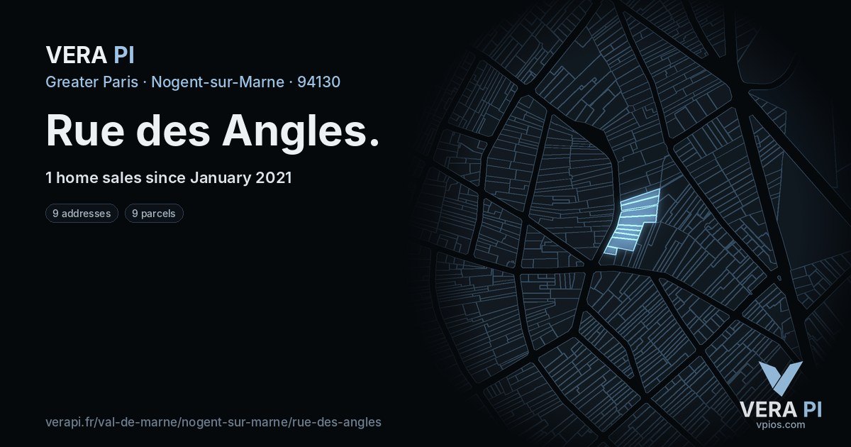 Rue des Angles, Nogent-sur-Marne at night – every parcel coloured by the prices around it, the street's own parcels lit