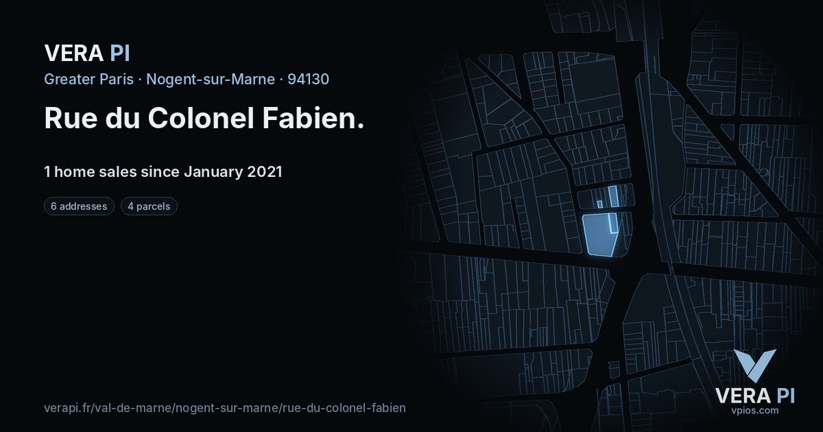 Rue du Colonel Fabien, Nogent-sur-Marne at night – every parcel coloured by the prices around it, the street's own parcels lit